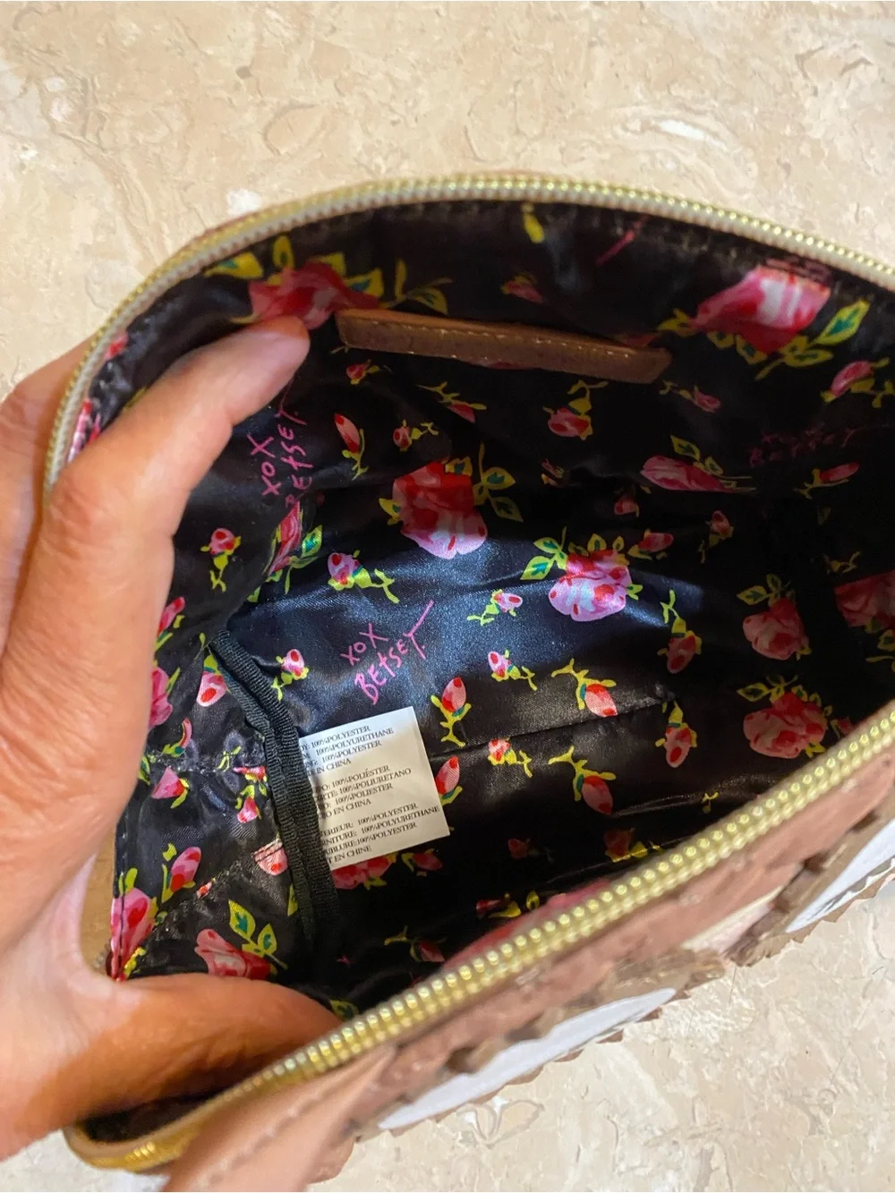 Betsey Johnson Brown and Pink Owl Makeup Bag with Yellow Beak